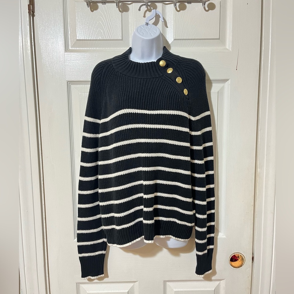 J. Crew Black and White Striped Sweater with Gold Buttons